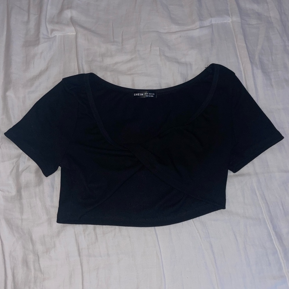 black crop top with cross detail in front. size medium, never worn before